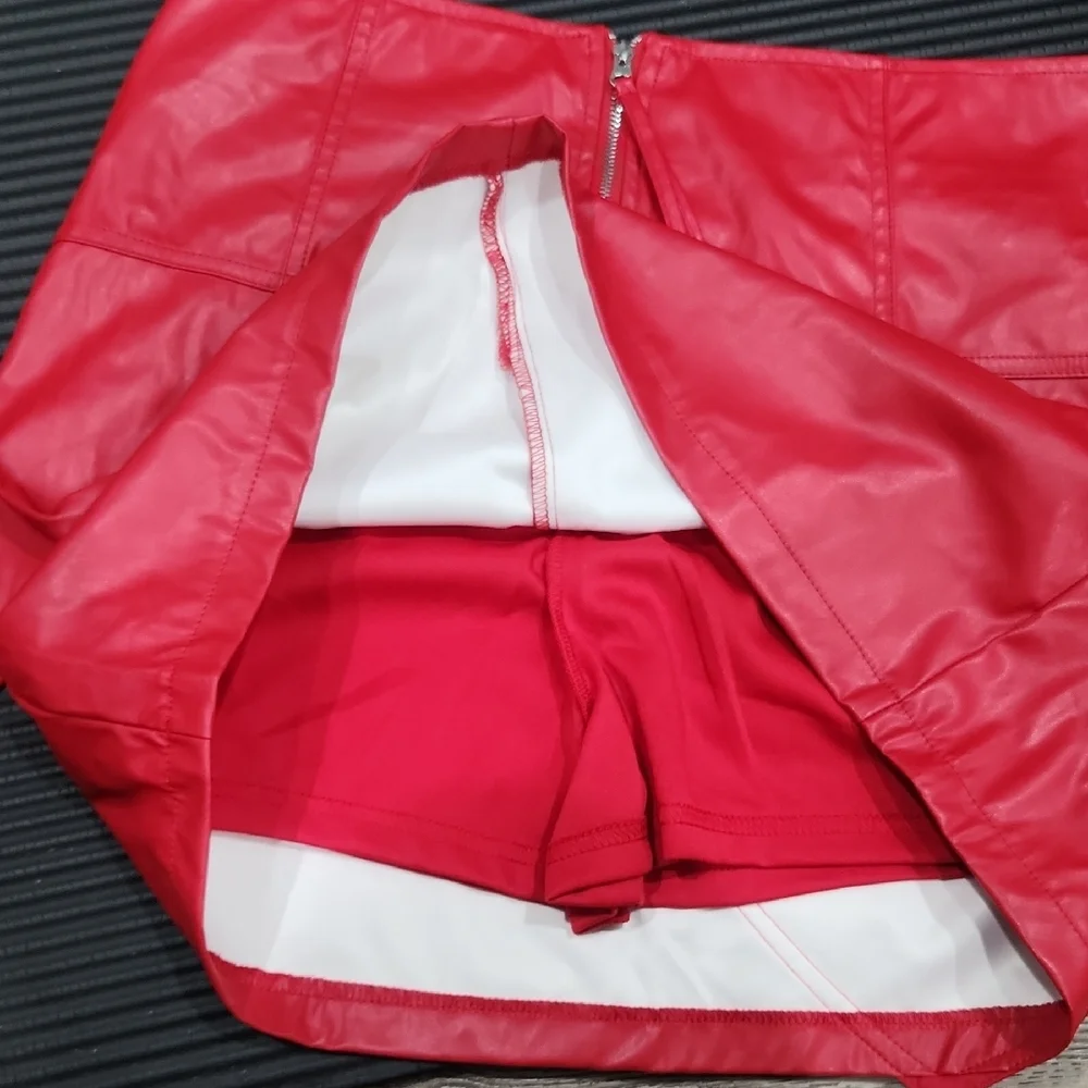 Red Faux Leather Mini Skirt with Heart Detail